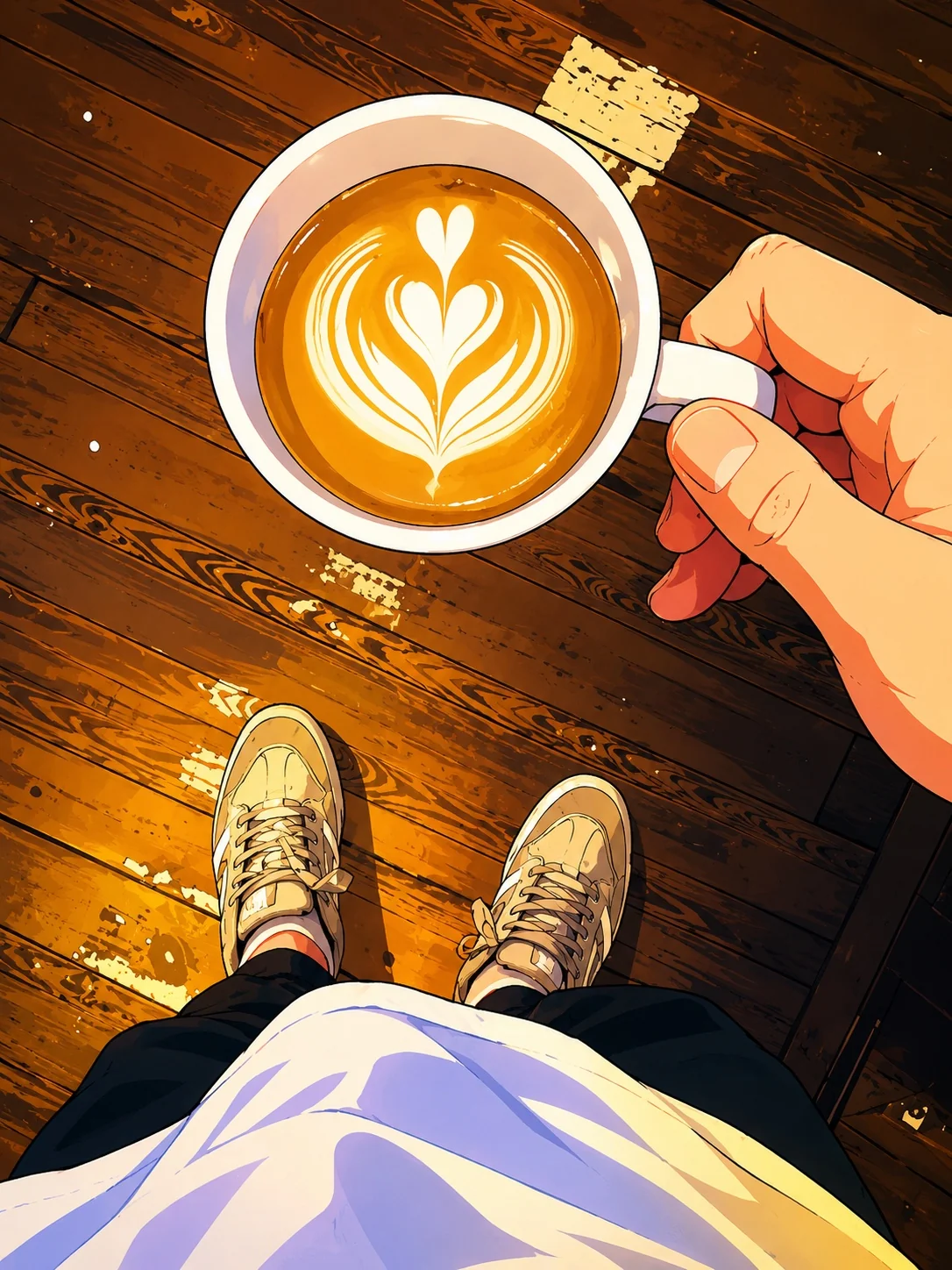 Old School'da ahşap masa üzerinde latte art kahve illüstrasyonu